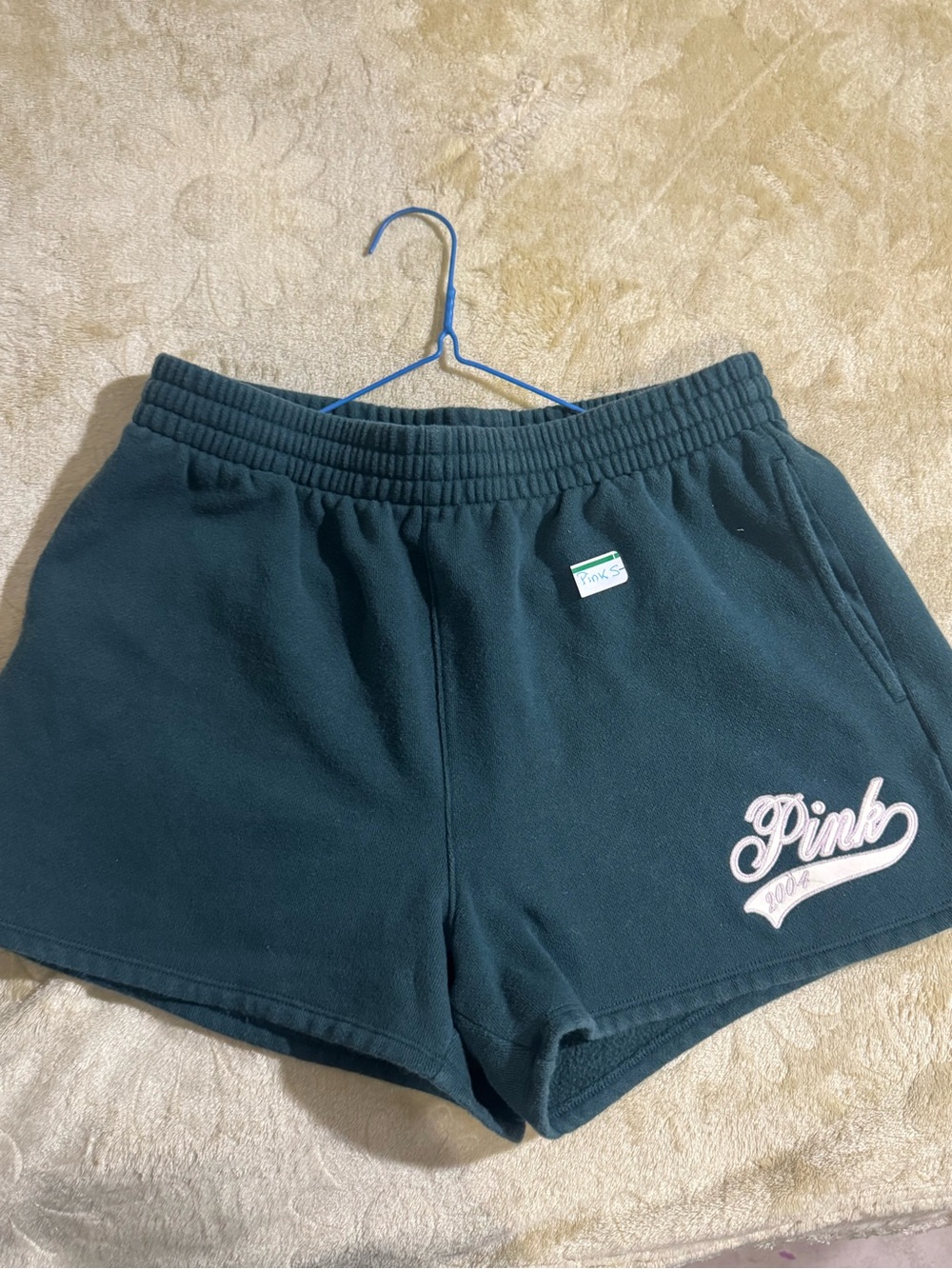 PINK Victoria's Secret Dark Teal Fleece Athletic Shorts with Pink Logo